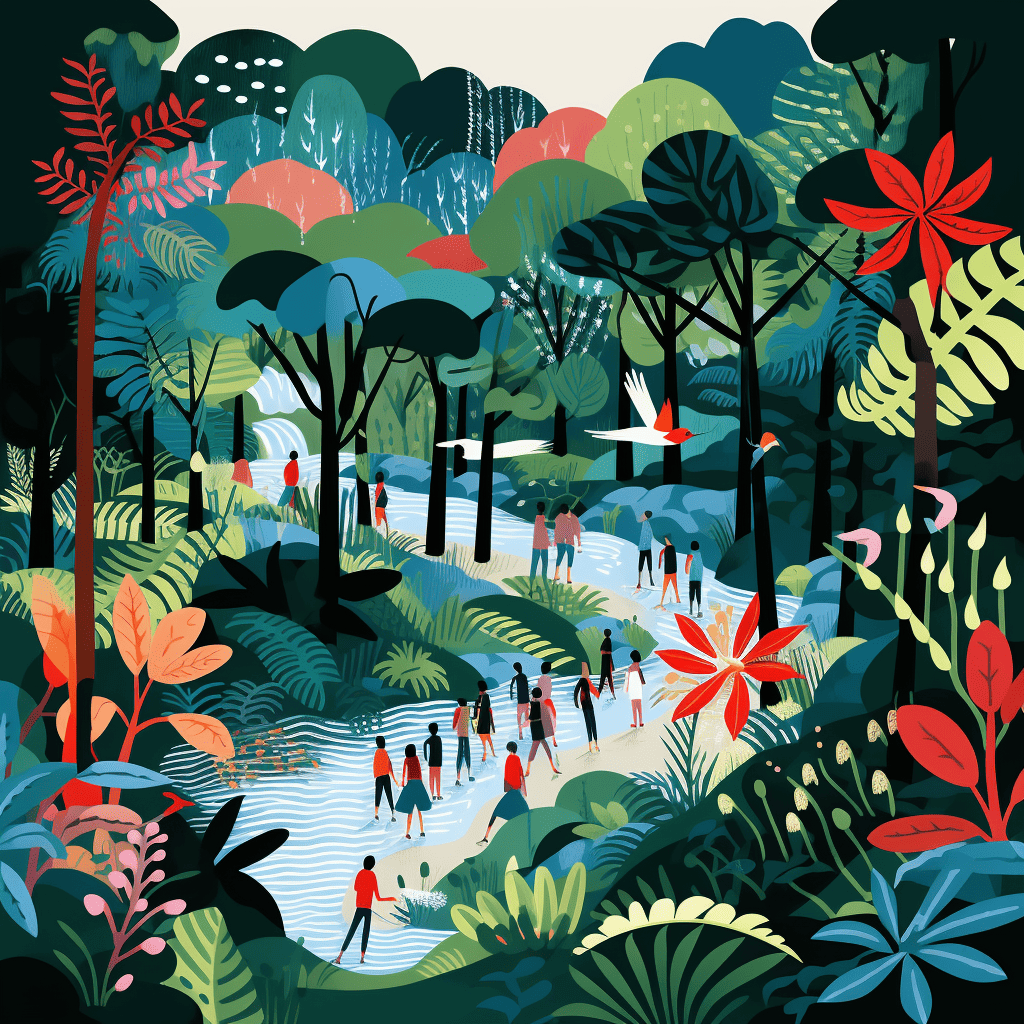 Many people in a forest enjoying nature during a holiday.
