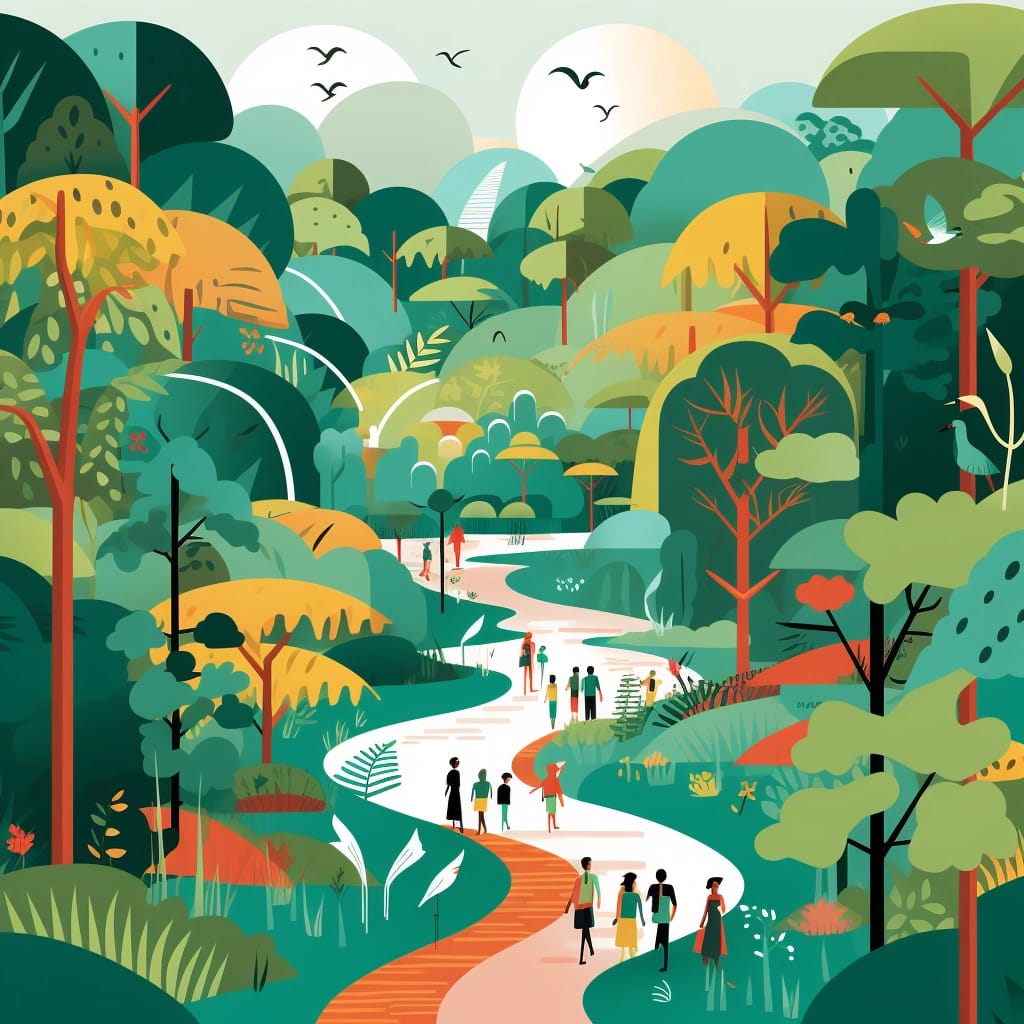 Soundwalks: a crowd of people enjoying natural recreational areas on a weekend.