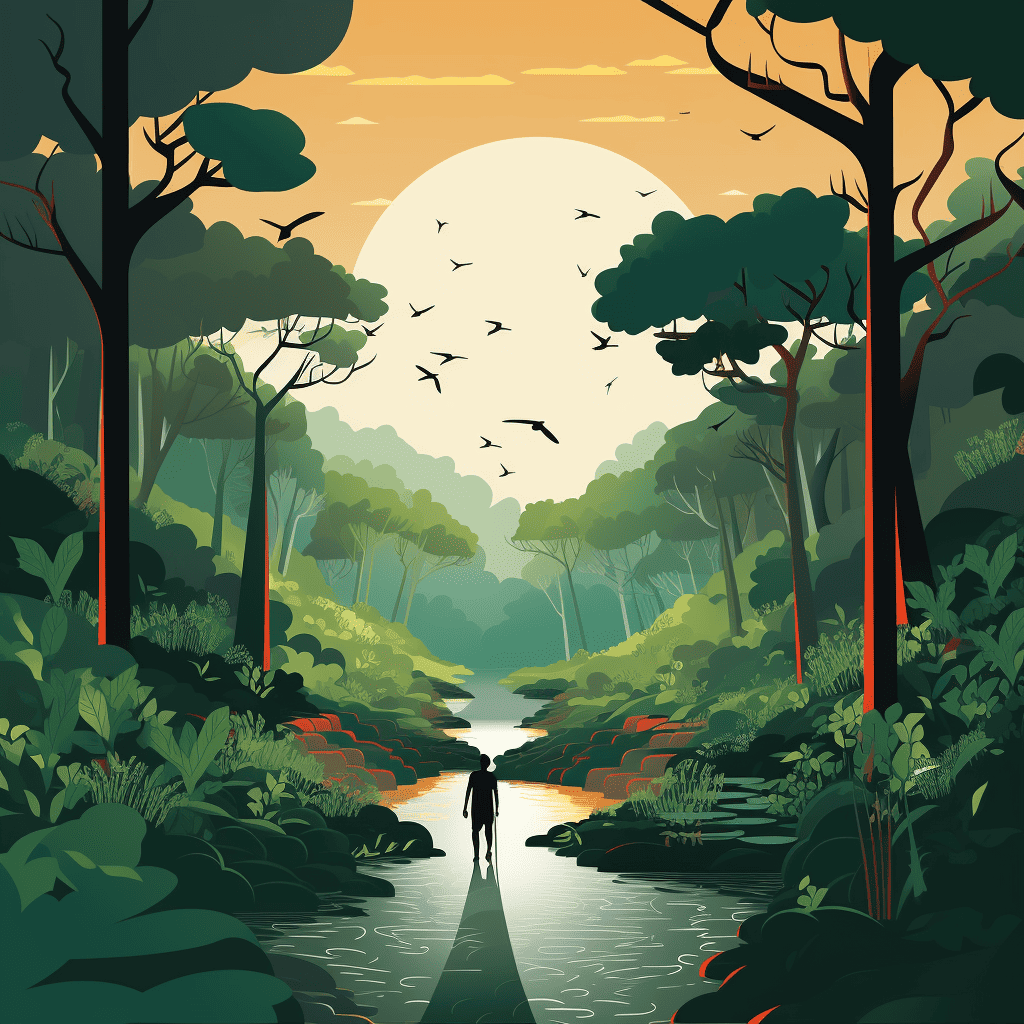 Soundwalk: a person sound walking in a vast jungle forest with trails, birds chirping trees and water streams.